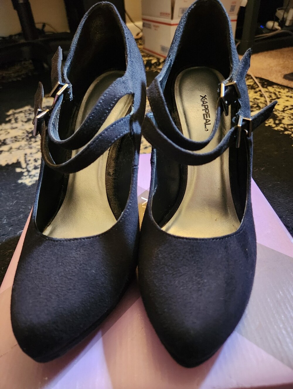 Xappeal Black Suede Mary Jane High Heels with Dual Buckle Straps Size 9